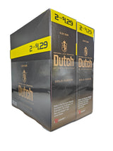 Front view of the Dutch Masters Gold Fusion cigarillos box in metallic gold and brown. These slow-burning natural leaf cigarillos come in a wholesale 15-count box of 2-packs, ideal for retail counter displays.