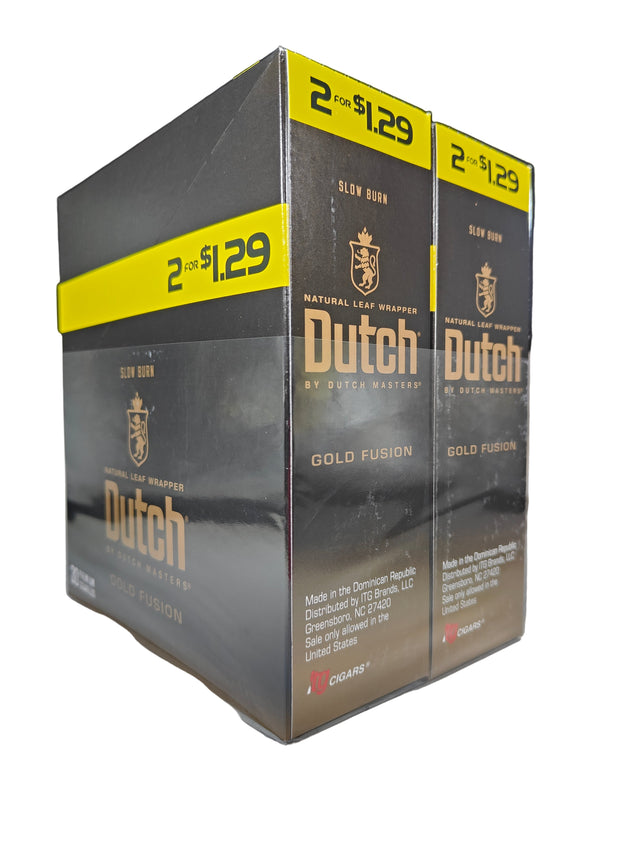 Front view of the Dutch Masters Gold Fusion cigarillos box in metallic gold and brown. These slow-burning natural leaf cigarillos come in a wholesale 15-count box of 2-packs, ideal for retail counter displays.