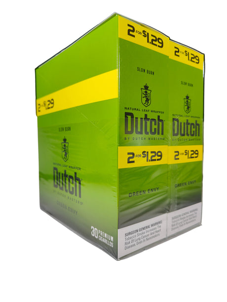 Front view of the Dutch Masters Green Envy cigarillos box in bright green and brown. These slow-burning natural leaf cigarillos come in a wholesale 15-count box of 2-packs, ideal for retail counter displays.
