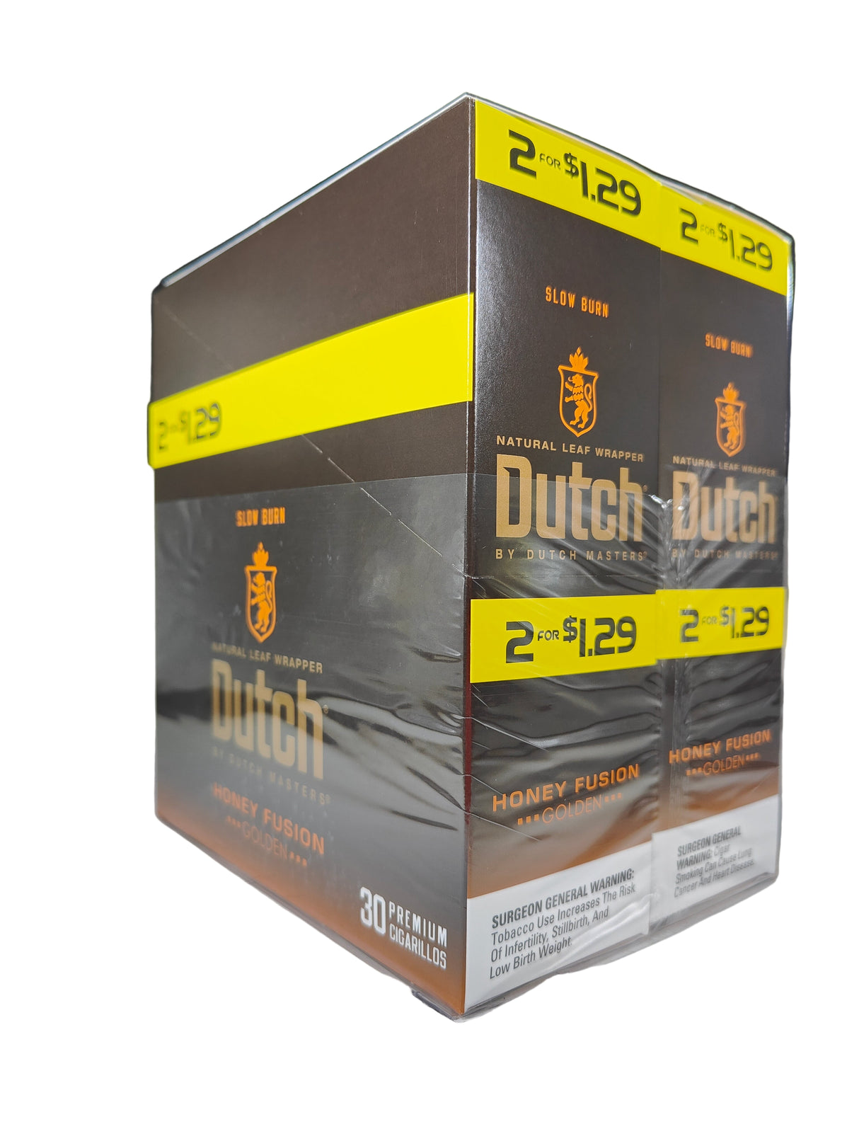 Angled front view of the Dutch Masters Honey Fusion Golden cigarillos box in bright golden yellow and brown. These slow-burning natural leaf cigarillos come in a wholesale 15-count box of 2-packs, ideal for retail counter displays.