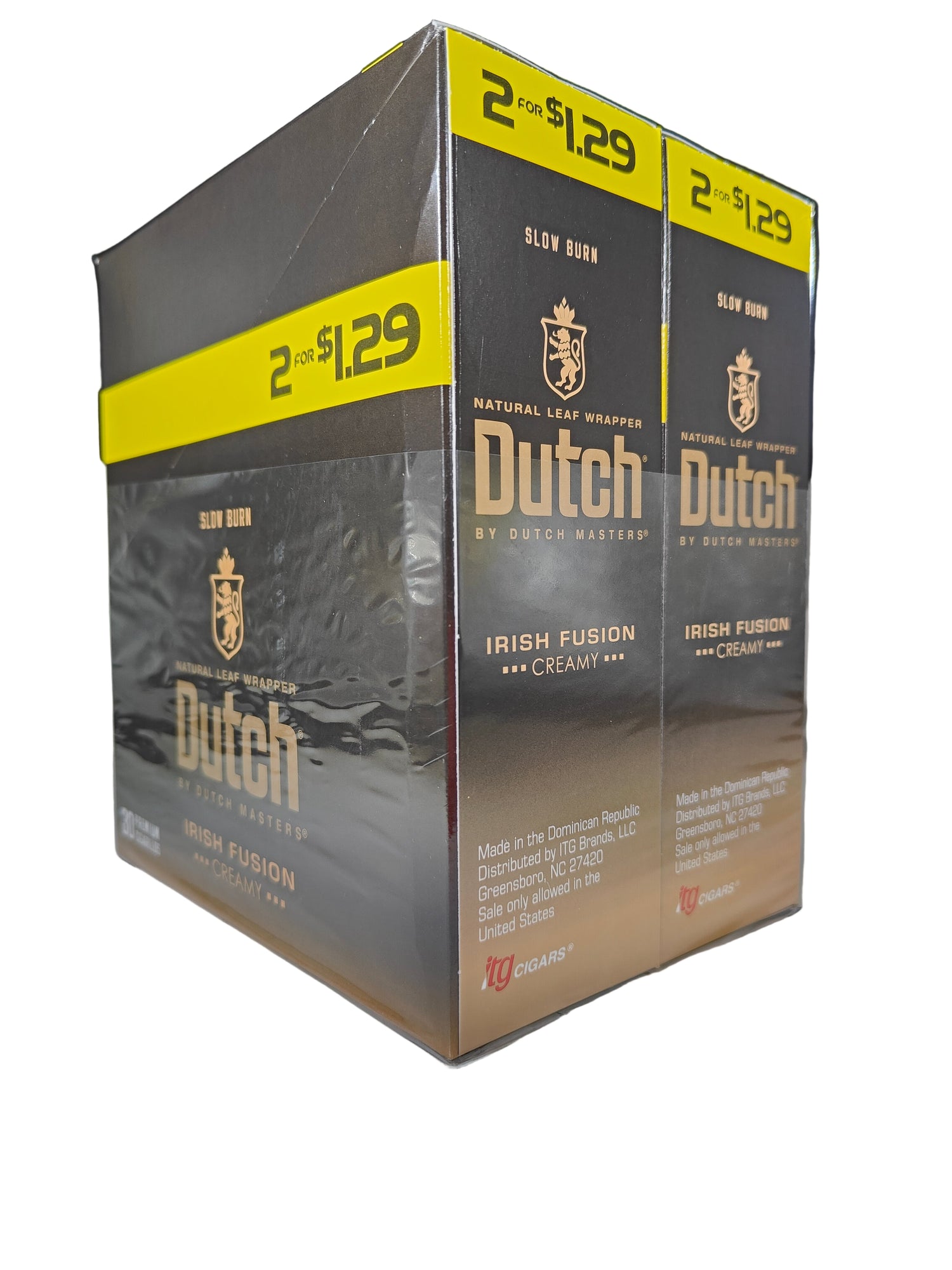 Front view of the Dutch Masters Irish Fusion Creamy cigarillos box in soft green and cream. These slow-burning natural leaf cigarillos come in a wholesale 15-count box of 2-packs, ideal for retail counter displays.