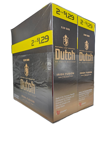 Front view of the Dutch Masters Irish Fusion Creamy cigarillos box in soft green and cream. These slow-burning natural leaf cigarillos come in a wholesale 15-count box of 2-packs, ideal for retail counter displays.