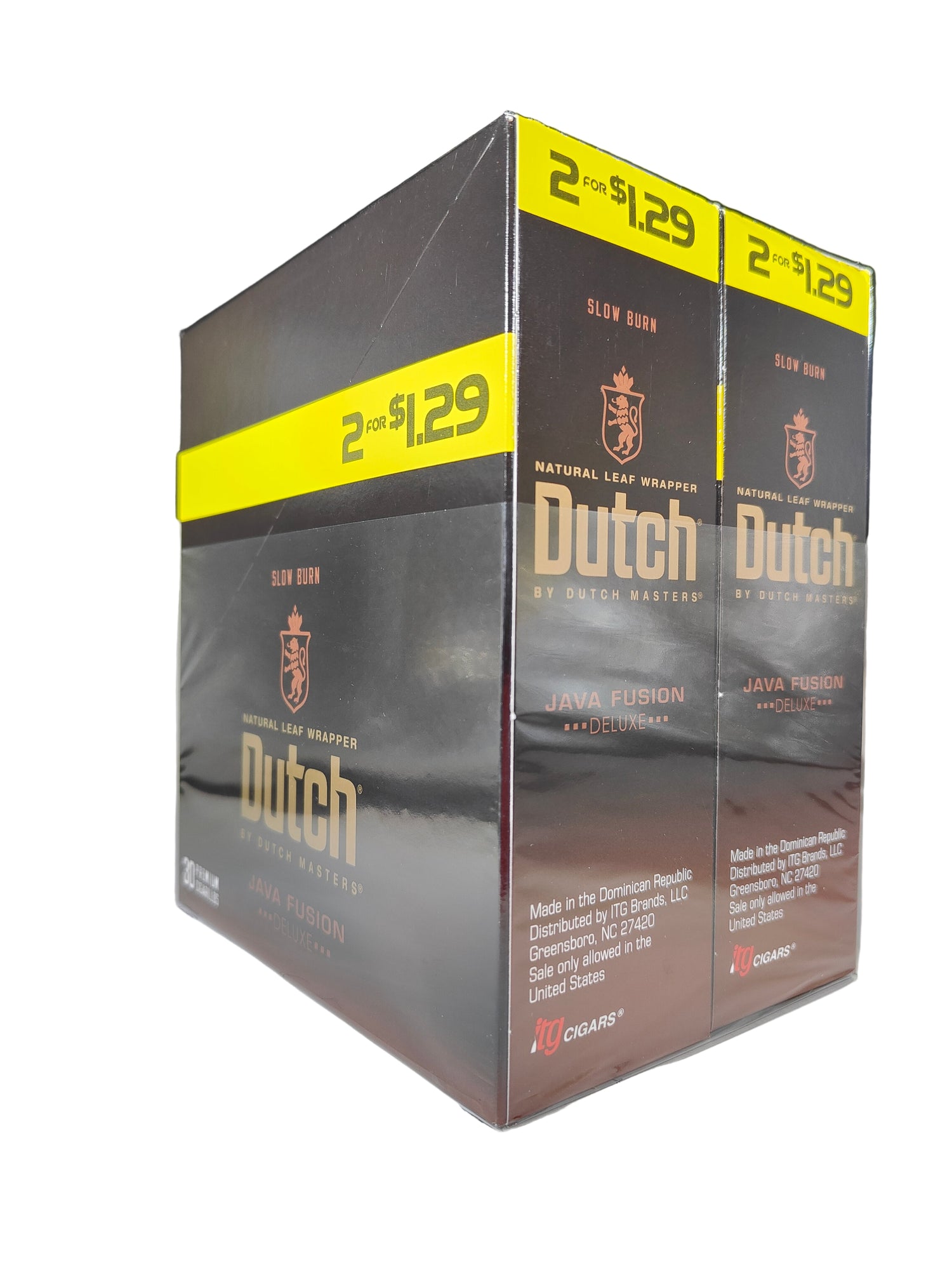 Angled overhead view of the Dutch Masters Java Fusion Deluxe cigarillos box in dark coffee brown. These slow-burning natural leaf cigarillos come in a wholesale 15-count box of 2-packs, ideal for retail counter displays.