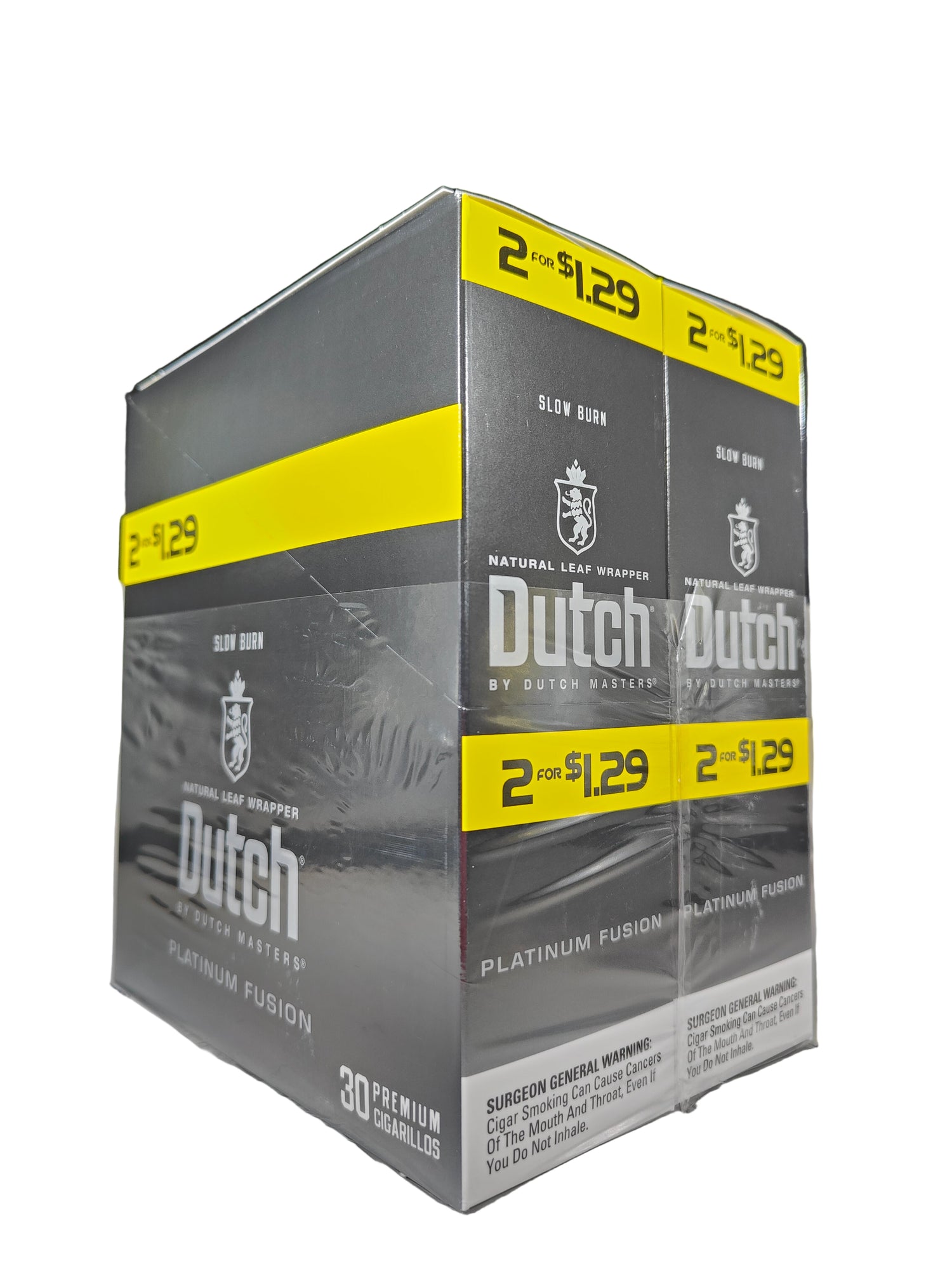 Angled view of the Dutch Masters Platinum Fusion cigarillos box in sleek silver-platinum and brown. These slow-burning natural leaf cigarillos come in a wholesale 15-count box of 2-packs, ideal for retail counter displays.