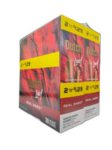 Angled front view of the Dutch Masters Real Sweet cigarillos box in classic red and brown. These slow-burning natural leaf cigarillos come in a wholesale 15-count box of 2-packs, ideal for retail counter displays.