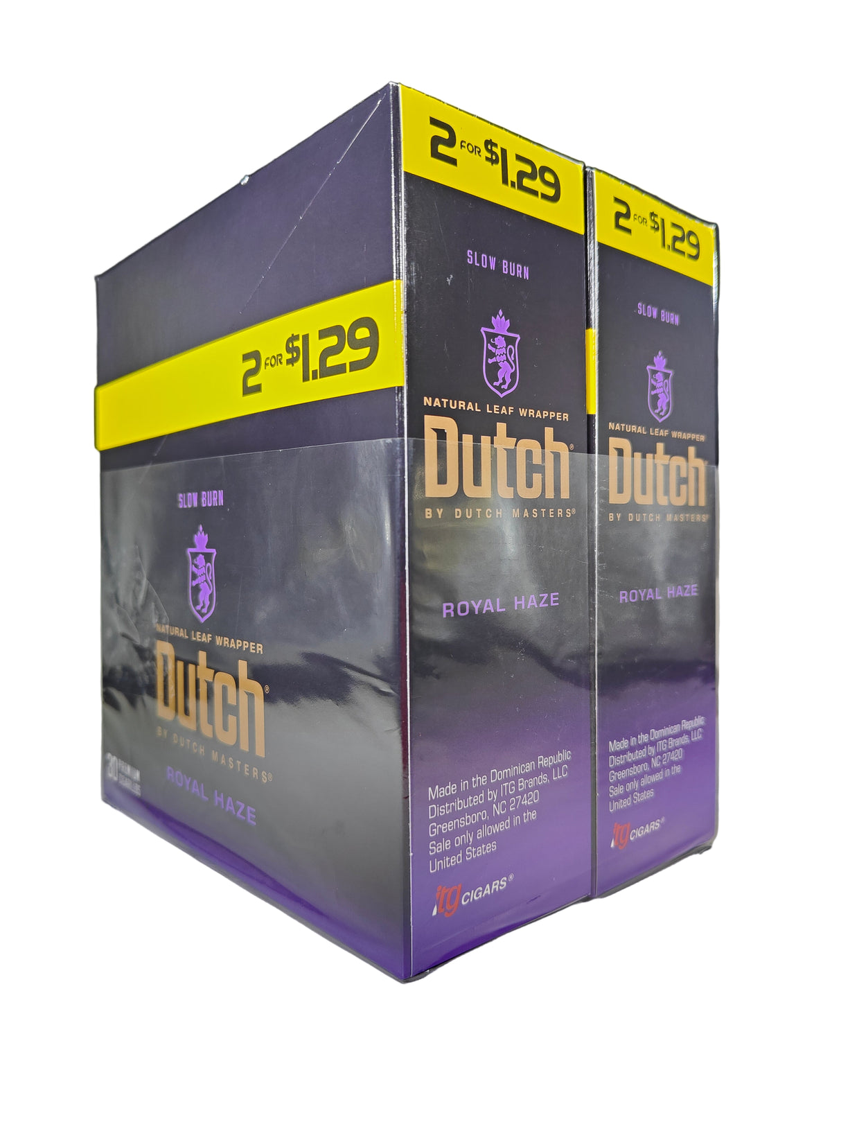 Front view of the Dutch Masters Royal Haze cigarillos box in deep purple and brown. These slow-burning natural leaf cigarillos come in a wholesale 15-count box of 2-packs, ideal for retail counter displays.