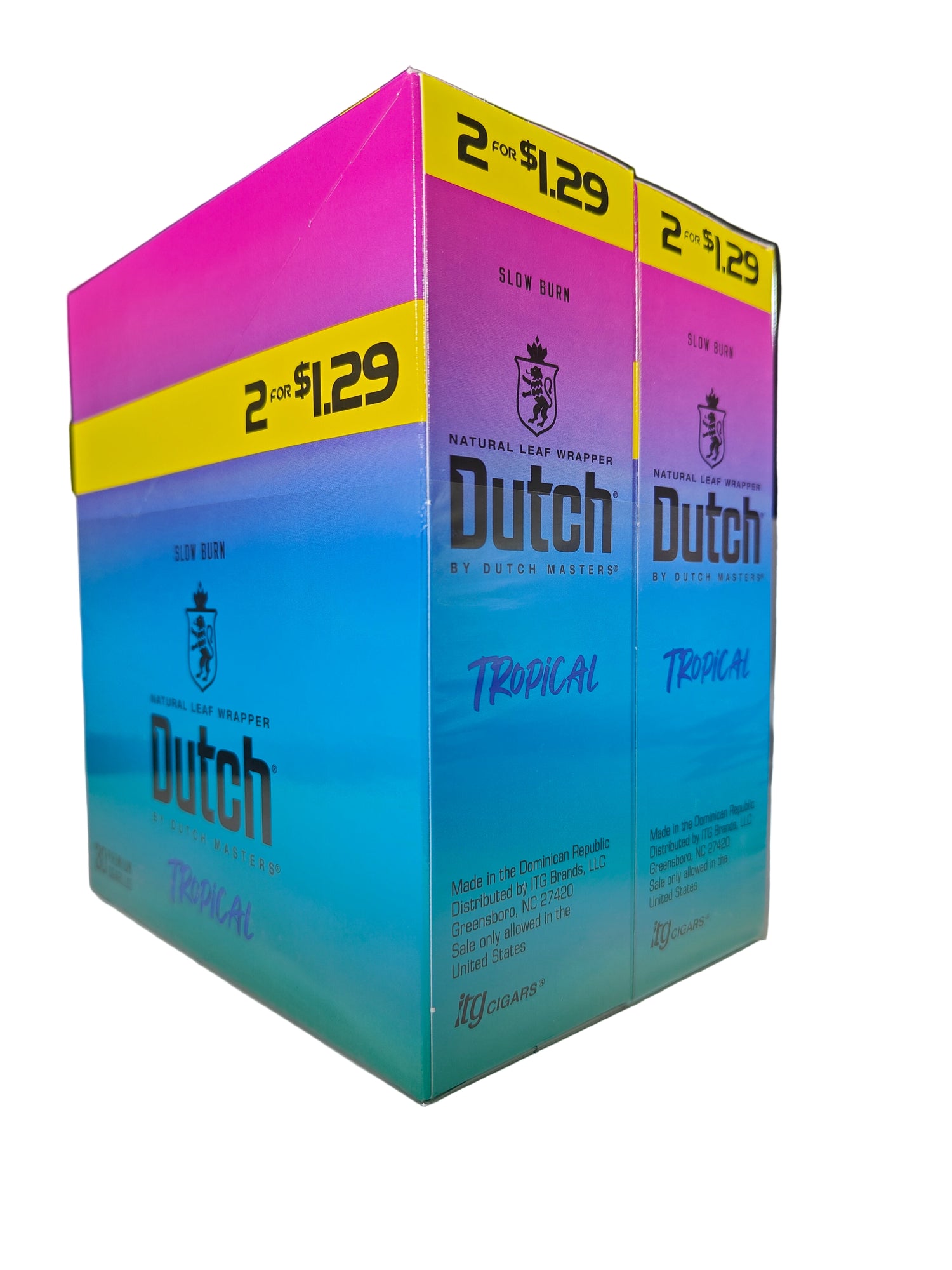 Angled overhead view of the Dutch Masters Tropical cigarillos box in bright coral and orange. These slow-burning natural leaf cigarillos come in a wholesale 15-count box of 2-packs, ideal for retail counter displays.