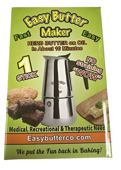 Front view of the stainless-steel Easy Butter Maker Stovetop Infuser in the 1-stick capacity. This non-electric thermal extraction unit processes botanical materials into cooking fats in just 10 minutes with integrated filtration, bypassing the need for manual cheesecloth straining.