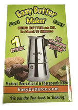 Front view of the stainless-steel Easy Butter Maker Stovetop Infuser in the 1-stick capacity. This non-electric thermal extraction unit processes botanical materials into cooking fats in just 10 minutes with integrated filtration, bypassing the need for manual cheesecloth straining.