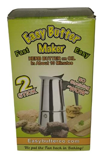 Front view of the stainless-steel Easy Butter Maker Stovetop Infuser in the 2-stick capacity. This non-electric thermal extraction unit processes botanical materials into cooking fats in just 10 minutes with integrated filtration, bypassing the need for manual cheesecloth straining.