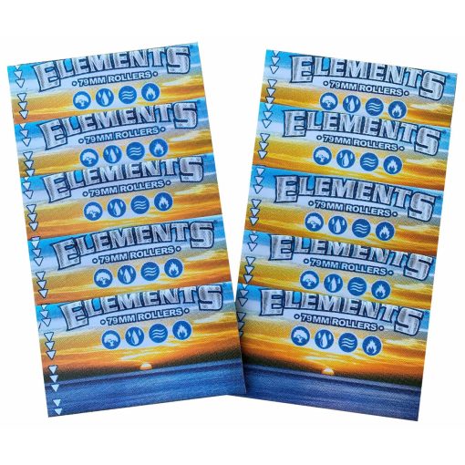 Front angled view of the Elements 110mm Roller Spare Apron 10-pack in translucent white with blue packaging. Designed as direct replacements for King Size rolling machines, these durable vinyl sleeves ensure smooth, perfectly rolled joints every time.