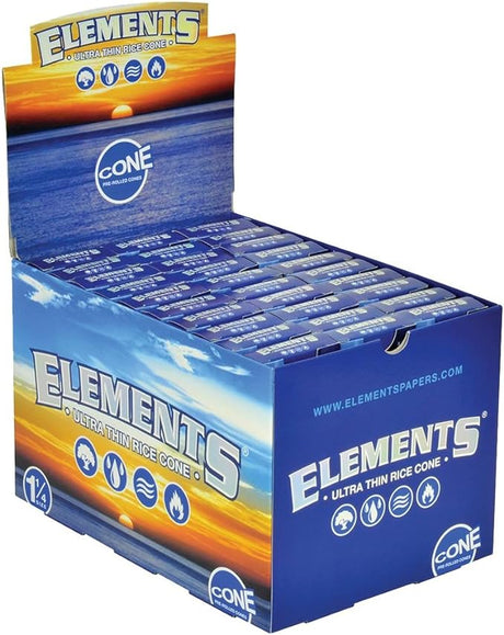Angled overhead view of the Elements 1 1/4 size rice cones 30-count display box in blue. This fold-out cardboard dispenser holds ready-to-pack shells manufactured from pressed rice material and natural Acacia gum.
