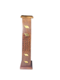 Front angled view of the Elephant Design Standing Incense Holder in natural brown wood with brass accents. This upright rectangular tower features geometric exhaust cutouts and inlaid brass elephant silhouettes to provide a contained burning platform that prevents surface ash accumulation.