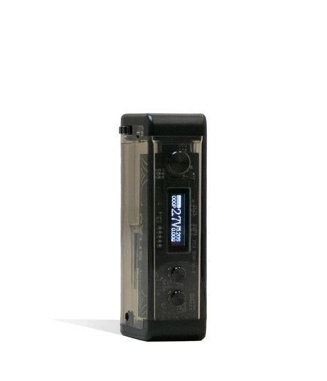 Front view of the Exxus Adapt Cartridge Vaporizer in black. This transparent 510-threaded power supply features an adjustable cartridge chamber with manual dials to securely house larger 2-gram oil tanks.