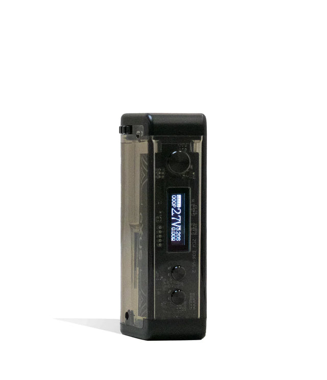 Front view of the Exxus Adapt Cartridge Vaporizer in black. This transparent 510-threaded power supply features an adjustable cartridge chamber with manual dials to securely house larger 2-gram oil tanks.