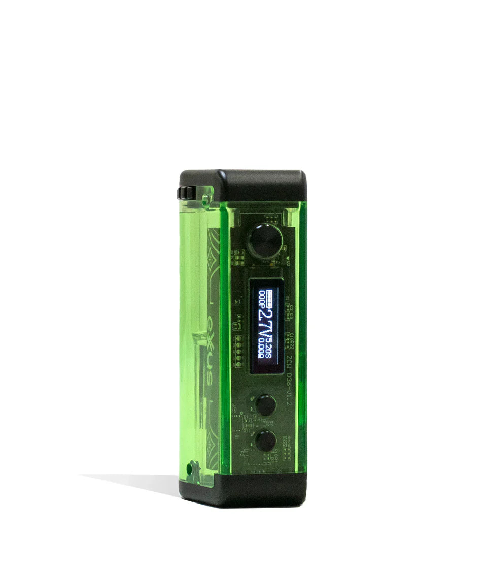 Front view of the Exxus Adapt Cartridge Vaporizer in green. This transparent 510-threaded power supply features an adjustable cartridge chamber with manual dials to securely house larger 2-gram oil tanks.