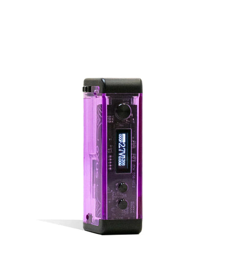Front view of the Exxus Adapt Cartridge Vaporizer in purple. This transparent 510-threaded power supply features an adjustable cartridge chamber with manual dials to securely house larger 2-gram oil tanks.