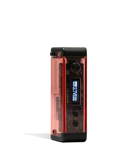 Front view of the Exxus Adapt Cartridge Vaporizer in red. This transparent 510-threaded power supply features an adjustable cartridge chamber with manual dials to securely house larger 2-gram oil tanks.