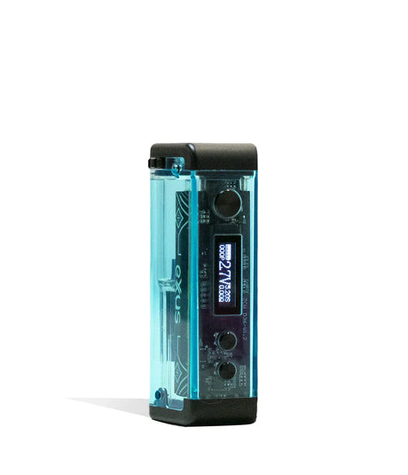 Front view of the Exxus Adapt Cartridge Vaporizer in teal. This transparent 510-threaded power supply features an adjustable cartridge chamber with manual dials to securely house larger 2-gram oil tanks.