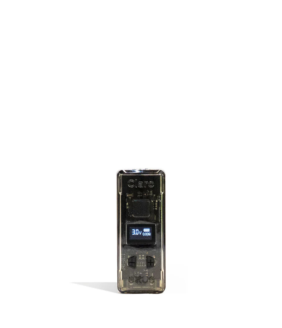 Front view of the Exxus Claro 510 Battery in translucent black. This 400mAh vaporizer features a see-through polycarbonate housing that exposes the internal circuitry alongside an OLED digital interface for precise voltage control.