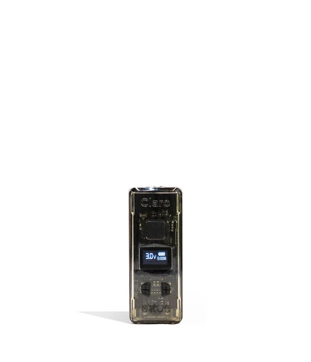 Front view of the Exxus Claro 510 Battery in translucent black. This 400mAh vaporizer features a see-through polycarbonate housing that exposes the internal circuitry alongside an OLED digital interface for precise voltage control.