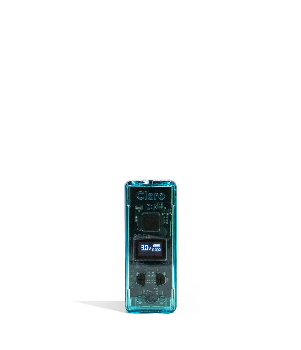 Front view of the Exxus Claro 510 Battery in translucent blue. This 400mAh vaporizer features a see-through polycarbonate housing that exposes the internal circuitry alongside an OLED digital interface for precise voltage control.