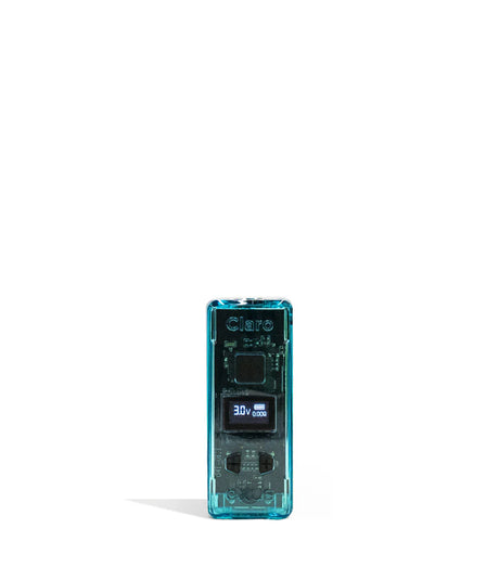 Front view of the Exxus Claro 510 Battery in translucent blue. This 400mAh vaporizer features a see-through polycarbonate housing that exposes the internal circuitry alongside an OLED digital interface for precise voltage control.