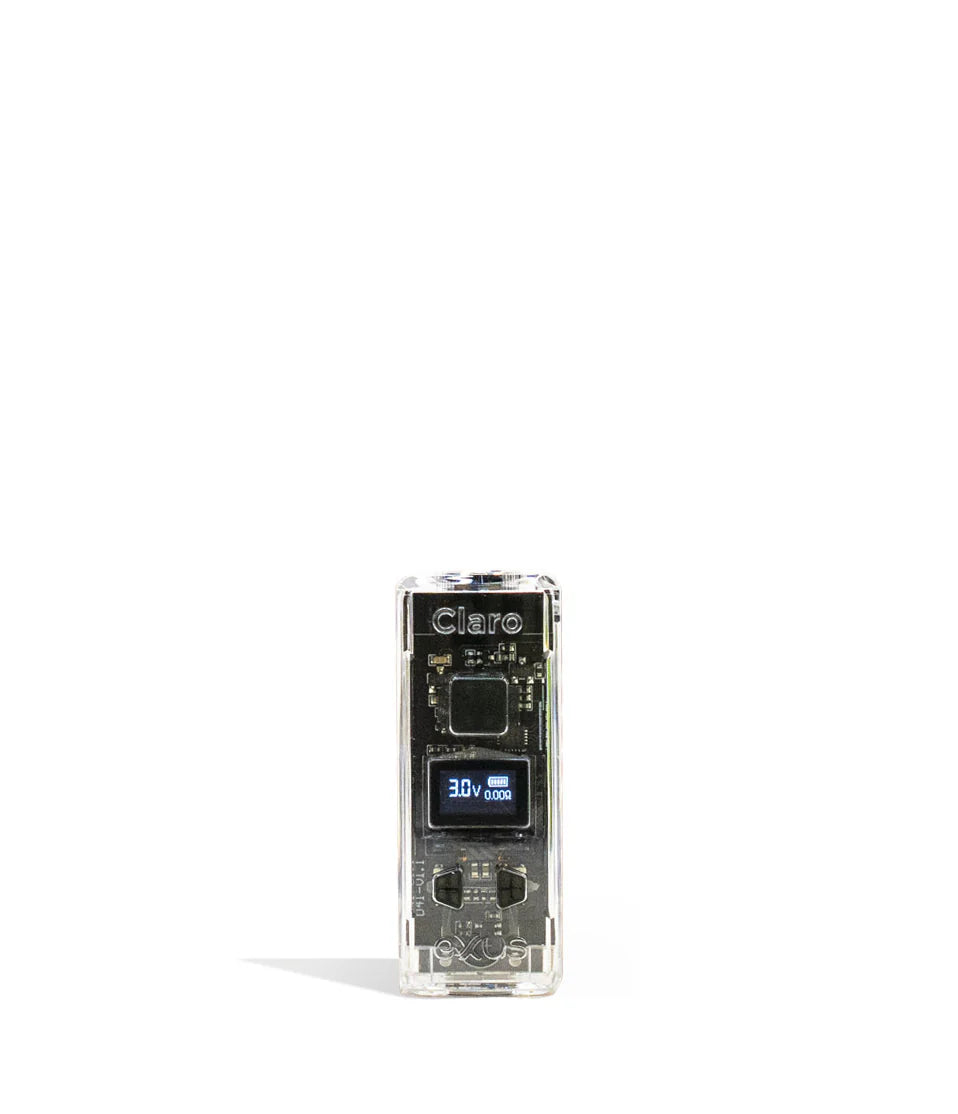 Front view of the Exxus Claro 510 Battery in translucent clear. This 400mAh vaporizer features a see-through polycarbonate housing that exposes the internal circuitry alongside an OLED digital interface for precise voltage control.