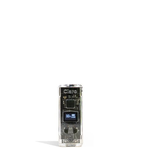 Front view of the Exxus Claro 510 Battery in translucent clear. This 400mAh vaporizer features a see-through polycarbonate housing that exposes the internal circuitry alongside an OLED digital interface for precise voltage control.