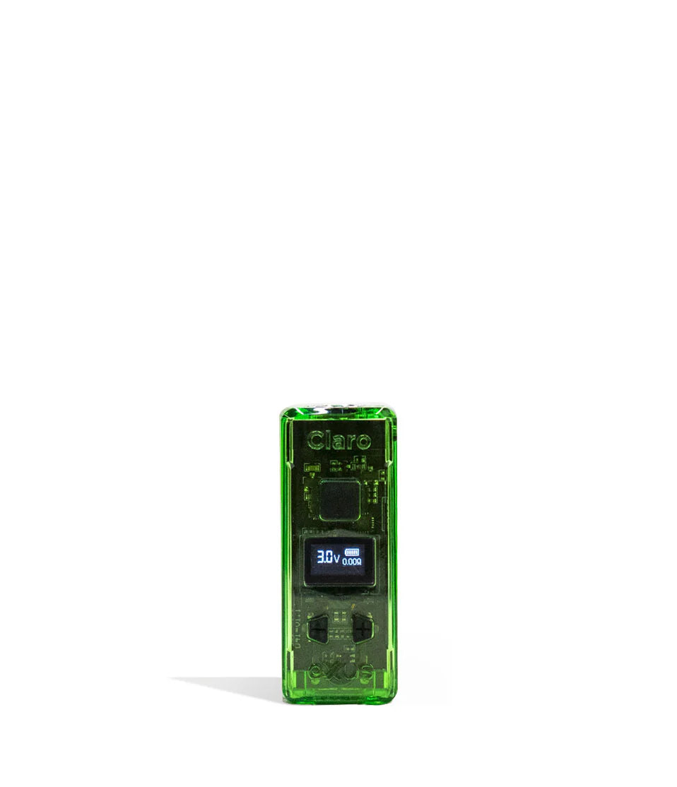 Front view of the Exxus Claro 510 Battery in translucent green. This 400mAh vaporizer features a see-through polycarbonate housing that exposes the internal circuitry alongside an OLED digital interface for precise voltage control.