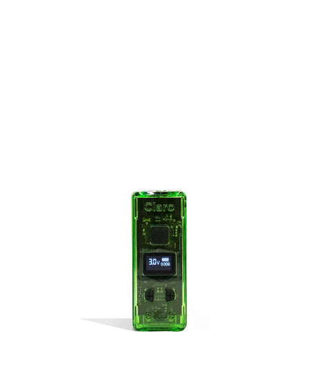 Front view of the Exxus Claro 510 Battery in translucent green. This 400mAh vaporizer features a see-through polycarbonate housing that exposes the internal circuitry alongside an OLED digital interface for precise voltage control.