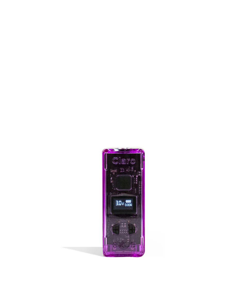 Front view of the Exxus Claro 510 Battery in translucent purple. This 400mAh vaporizer features a see-through polycarbonate housing that exposes the internal circuitry alongside an OLED digital interface for precise voltage control.