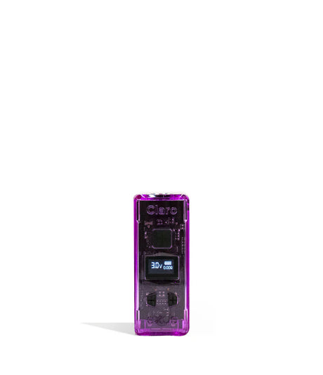 Front view of the Exxus Claro 510 Battery in translucent purple. This 400mAh vaporizer features a see-through polycarbonate housing that exposes the internal circuitry alongside an OLED digital interface for precise voltage control.