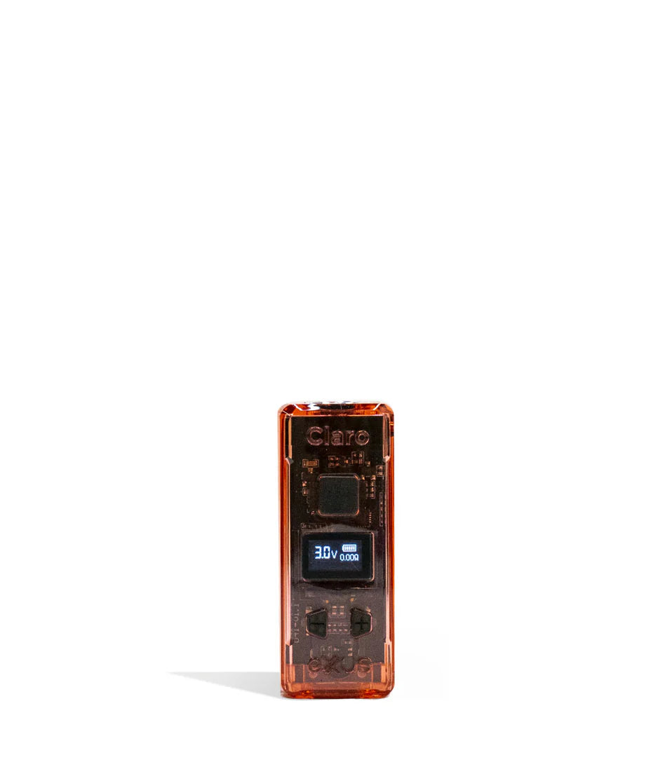 Front view of the Exxus Claro 510 Battery in translucent red. This 400mAh vaporizer features a see-through polycarbonate housing that exposes the internal circuitry alongside an OLED digital interface for precise voltage control.