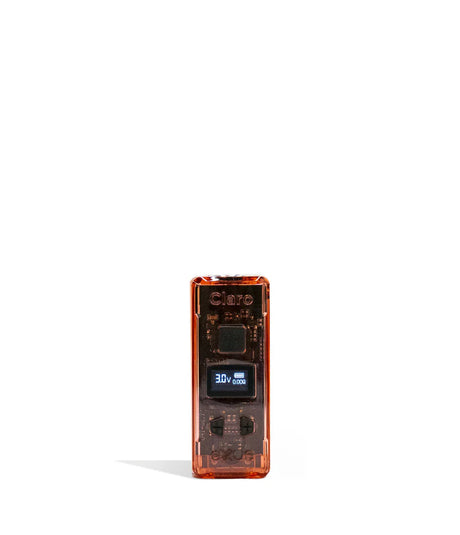 Front view of the Exxus Claro 510 Battery in translucent red. This 400mAh vaporizer features a see-through polycarbonate housing that exposes the internal circuitry alongside an OLED digital interface for precise voltage control.