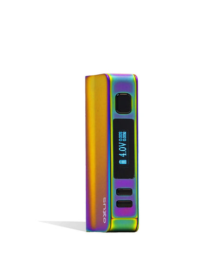 Front view of the Exxus Vape Snap Pro Cartridge Vaporizer in the iridescent Prism colorway. This ultra-compact 550mAh box-style battery features customizable voltage settings and a hidden recess chamber that securely conceals 510-thread oil cartridges.