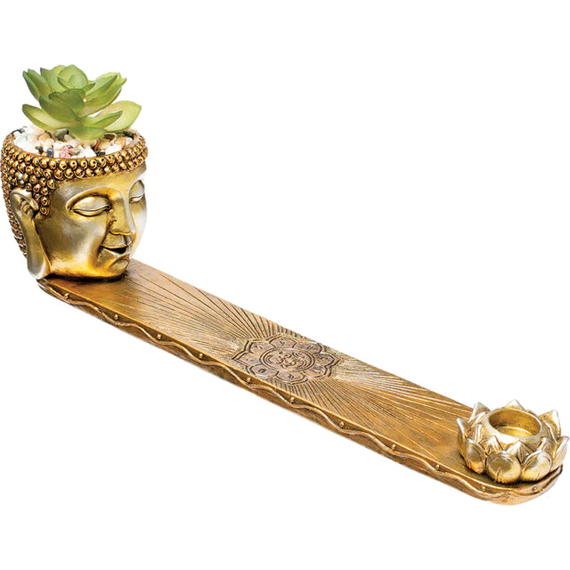 Front view of the Fujima Buddha incense burner in bronze and gold with a green faux succulent plant. This 12.5-inch long polyresin burner accommodates both incense sticks and cones to create a tranquil aroma for relaxation and meditation.