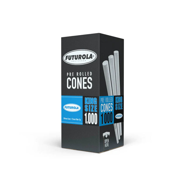 Front view of the Futurola King Size 109mm cones 1000-count commercial storage box in Classic White. Handcrafted with organic Arabic gum, these bulk pre-rolled cones are engineered to ensure a smooth, slow, and perfectly even burn.