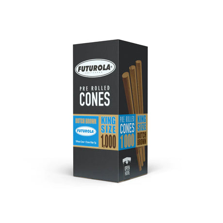 Front view of the Futurola King Size 109mm cones 1000-count commercial storage box in Dutch Brown. This unbleached variant features premium, additive-free thin paper designed to provide a highly refined and completely unadulterated taste.