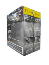 Angled view of the Game Black Sweets cigarillos box in dark black and brown. These natural leaf wrapper cigarillos come in a wholesale 15-count box of 2-packs, perfect for retail counter displays.