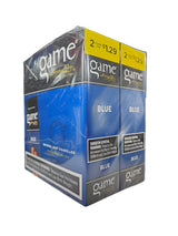 Angled overhead view of the Game Blue cigarillos box in deep blue and brown. These natural leaf wrapper cigarillos come in a wholesale 15-count box of 2-packs, perfect for retail counter displays.