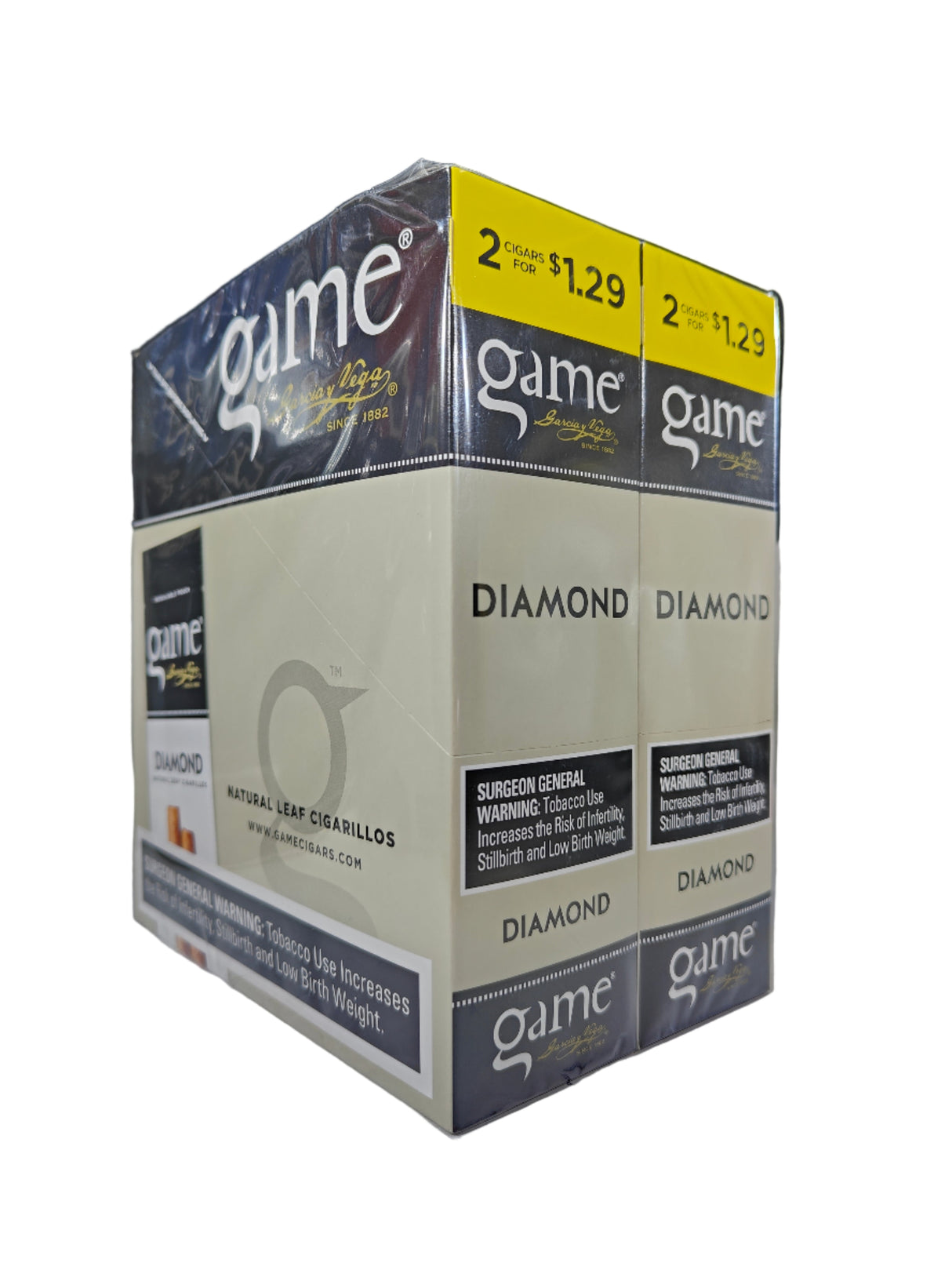 Front view of the Game Diamond cigarillos box in icy silver, white, and brown. These natural leaf wrapper cigarillos come in a wholesale 15-count box of 2-packs, perfect for retail counter displays.