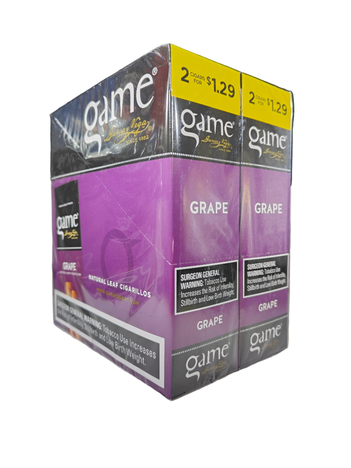 Angled overhead view of the Game Grape cigarillos box in vibrant purple and brown. These natural leaf wrapper cigarillos come in a wholesale 15-count box of 2-packs, perfect for retail counter displays.