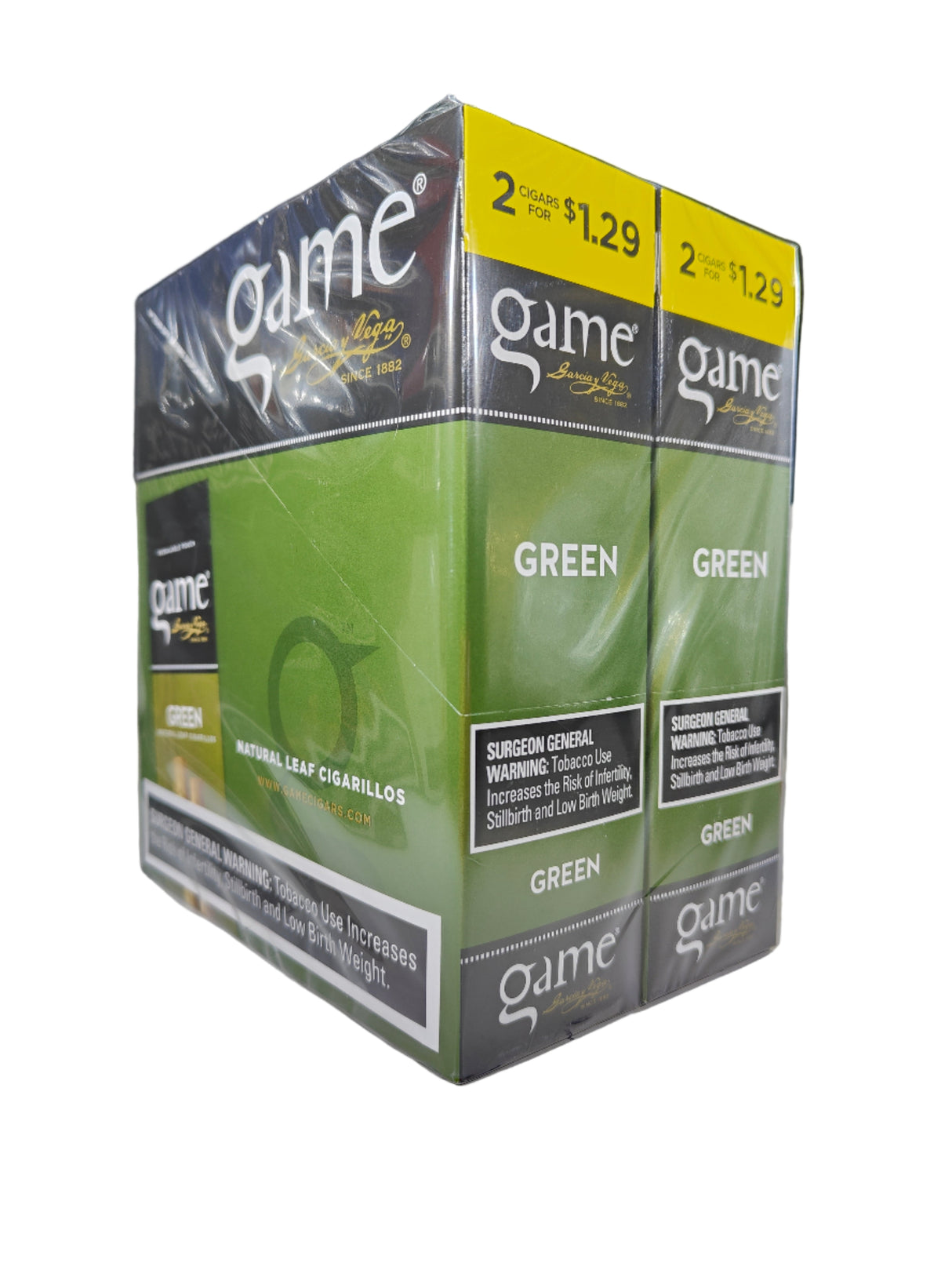 Front view of the Game Green cigarillos box in bright green and brown. These natural leaf wrapper cigarillos come in a wholesale 15-count box of 2-packs, perfect for retail counter displays.