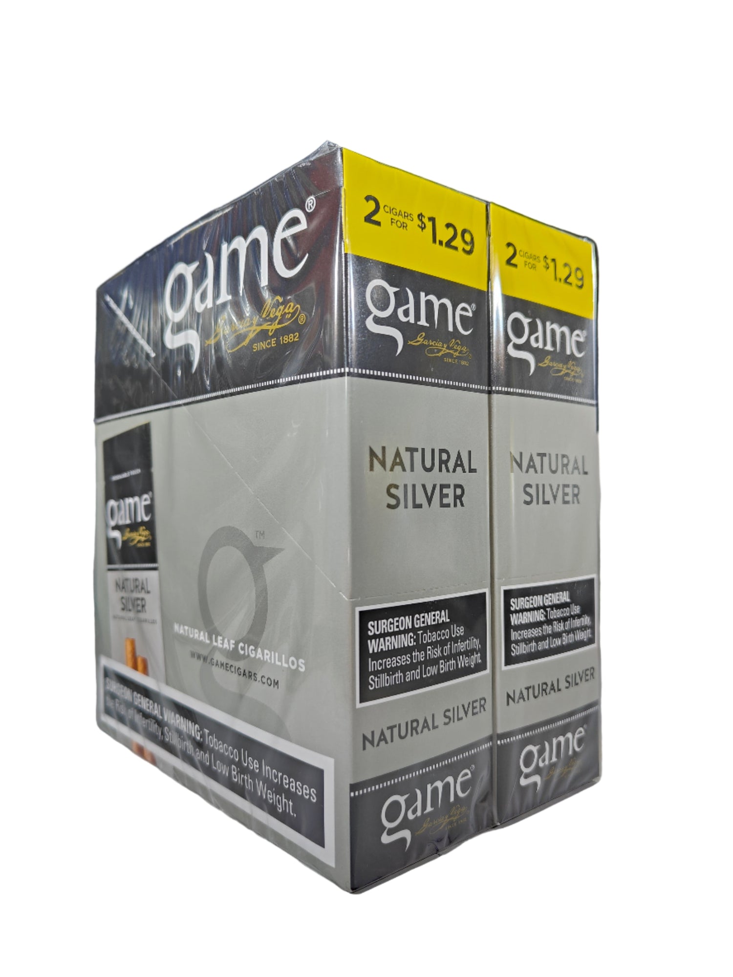 Angled front view of the Game Natural Silver cigarillos box in sleek silver and brown. These natural leaf wrapper cigarillos come in a wholesale 15-count box of 2-packs, perfect for retail counter displays.
