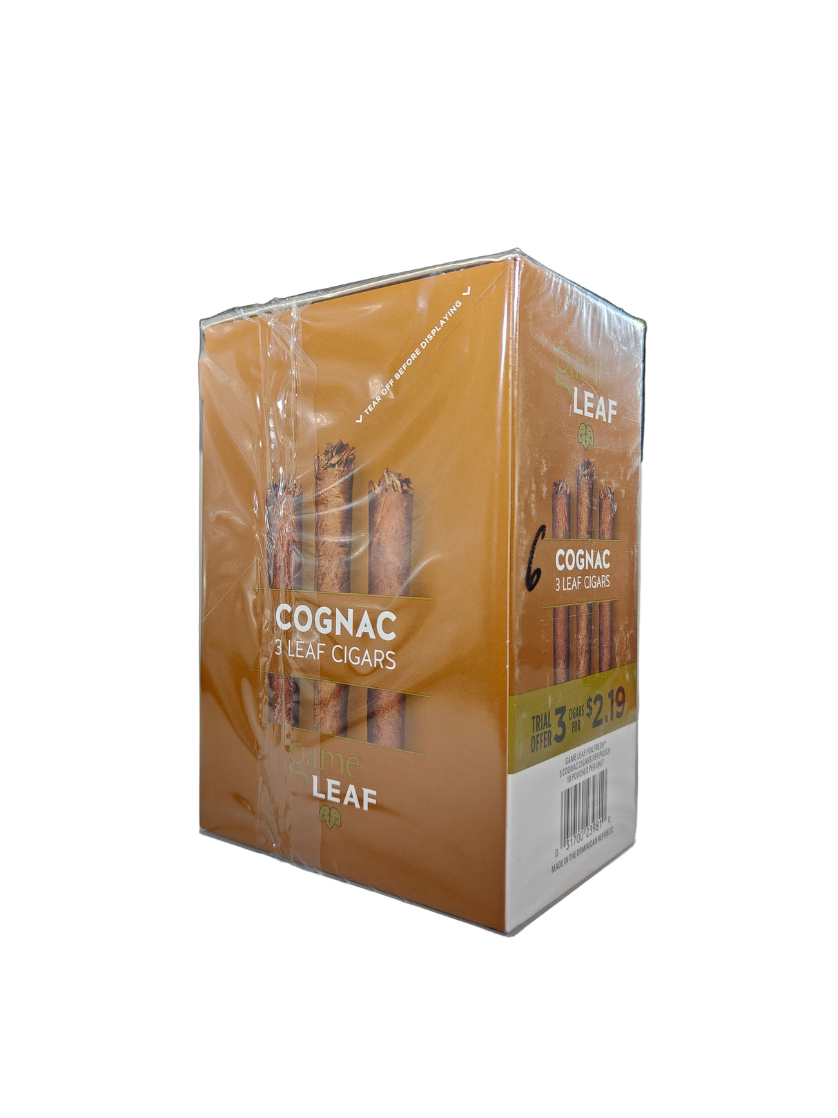 Front view of the Game Leaf Cognac cigarillos box in rich gold and brown. These natural leaf wrapper cigarillos come in a wholesale 10-count box of 3-packs, perfect for retail counter displays.