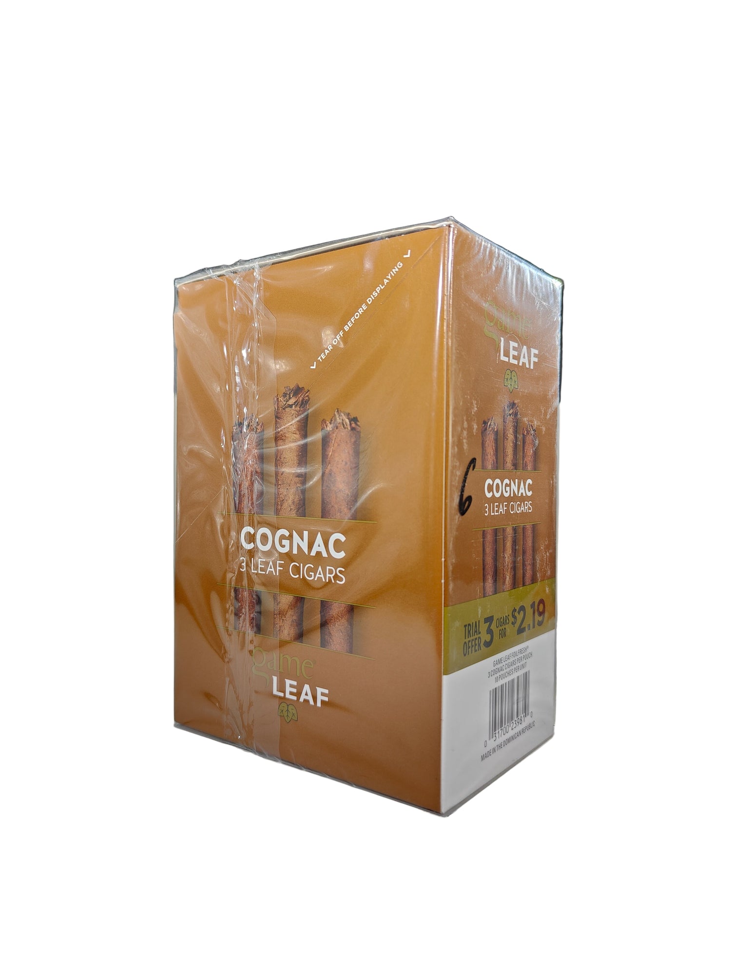 Front view of the Game Leaf Cognac cigarillos box in rich gold and brown. These natural leaf wrapper cigarillos come in a wholesale 10-count box of 3-packs, perfect for retail counter displays.