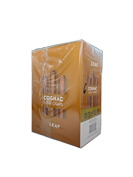 Front view of the Game Leaf Cognac cigarillos box in rich gold and brown. These natural leaf wrapper cigarillos come in a wholesale 10-count box of 3-packs, perfect for retail counter displays.