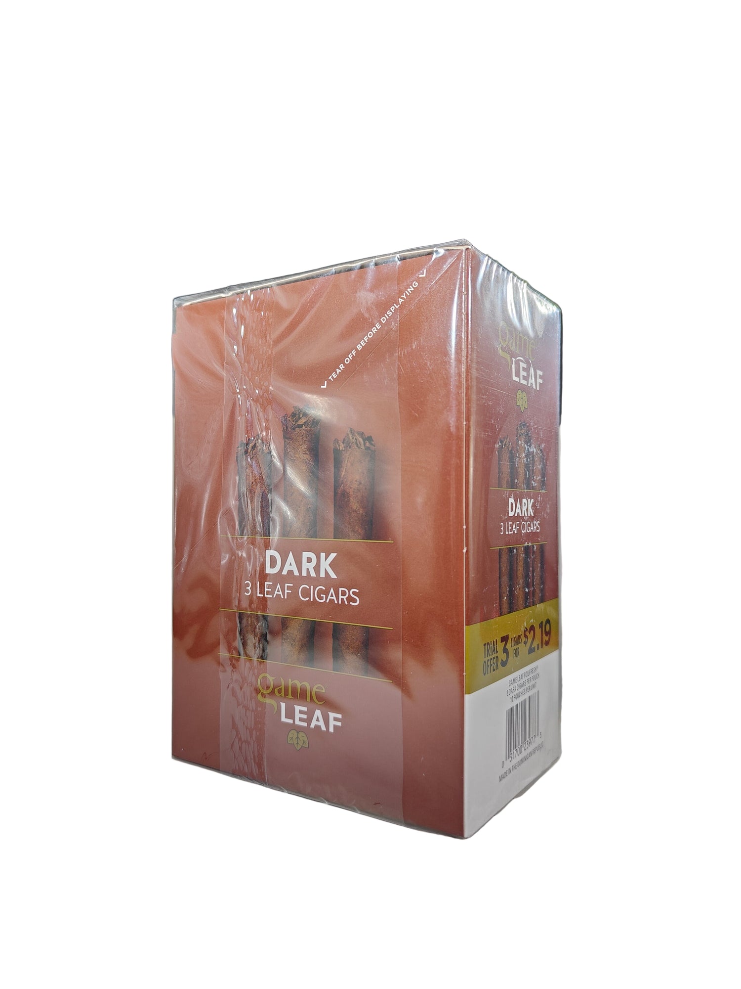 Angled overhead view of the Game Leaf Dark cigarillos box in deep black and dark brown. These natural leaf wrapper cigarillos come in a wholesale 10-count box of 3-packs, perfect for retail counter displays.