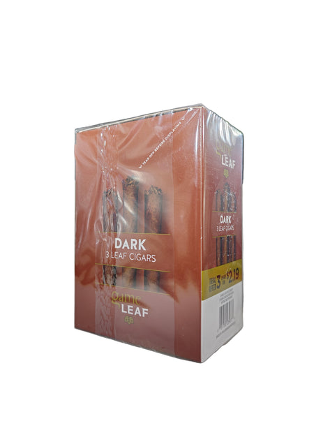 Angled overhead view of the Game Leaf Dark cigarillos box in deep black and dark brown. These natural leaf wrapper cigarillos come in a wholesale 10-count box of 3-packs, perfect for retail counter displays.